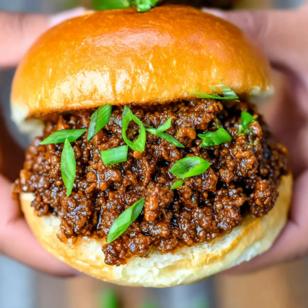 A person is holding a sandwich with meat and green onions.