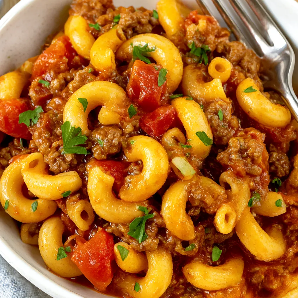 A bowl of slow cooker goulash with pasta and tomatoes.