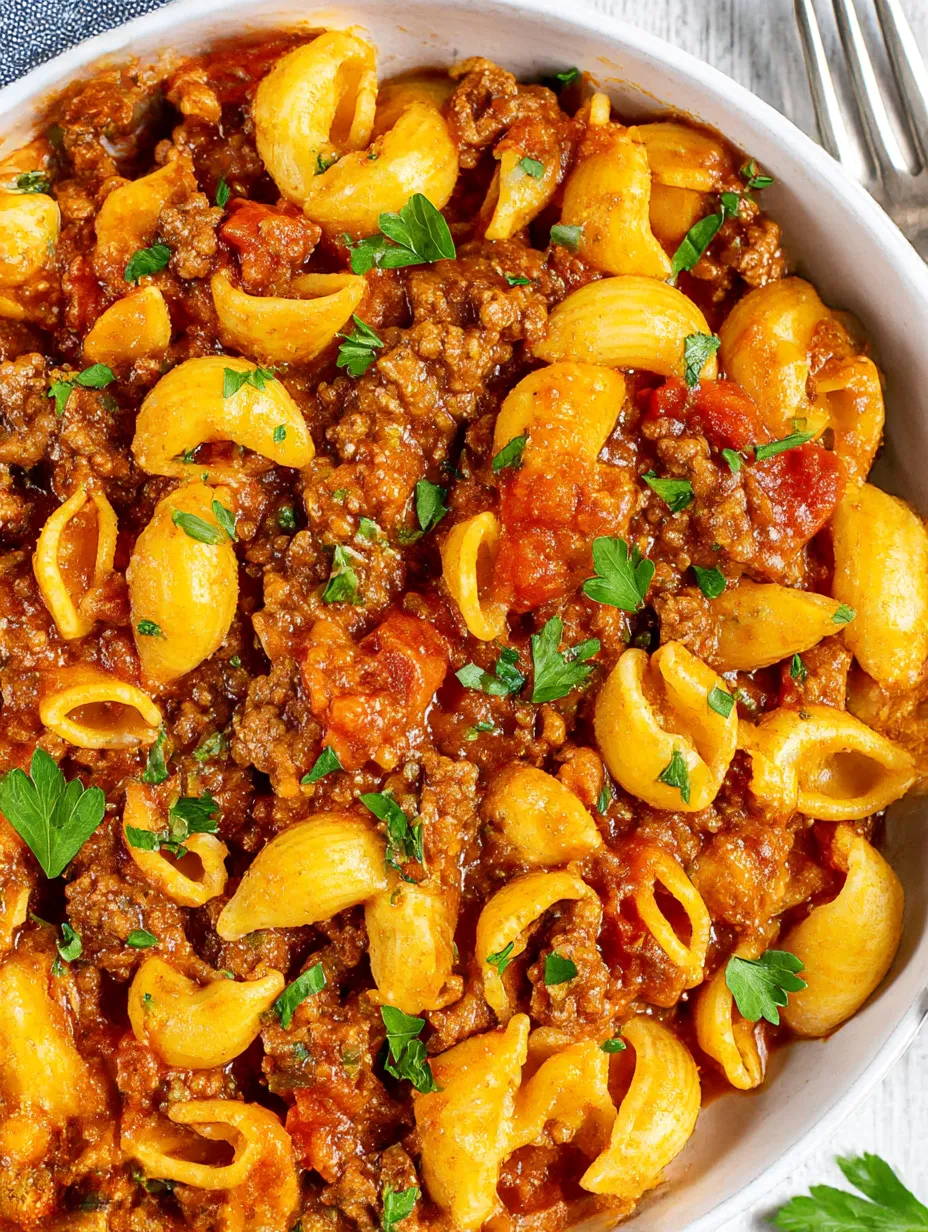 A bowl of slow cooker goulash with noodles.