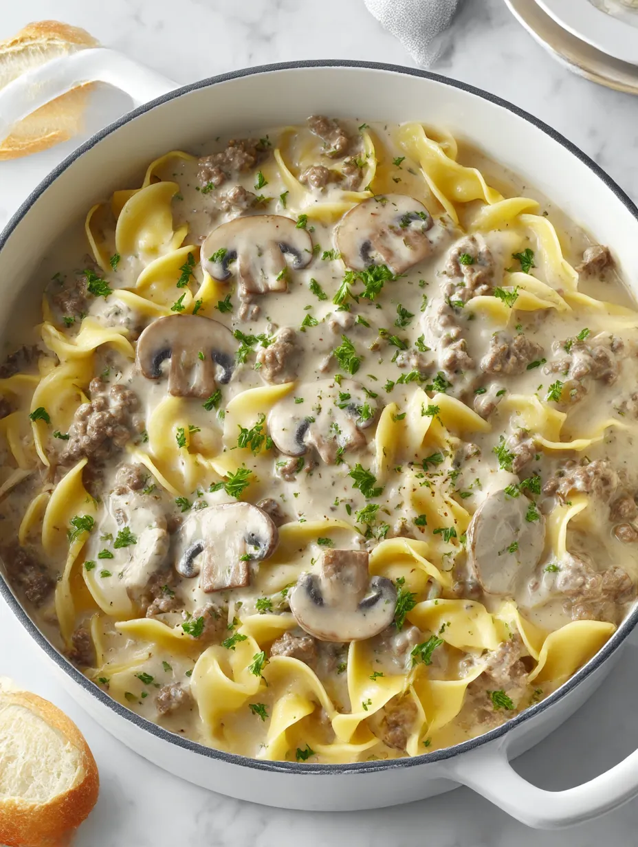 A dish of beef stroganoff with mushrooms and noodles.