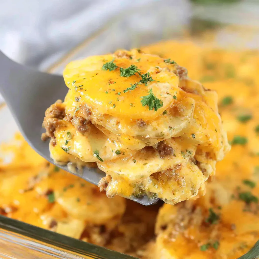 A fork is holding a piece of ground beef casserole with potatoes.