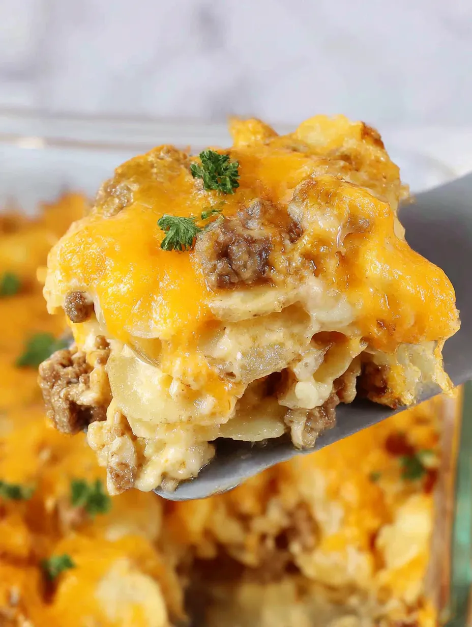 A fork is holding a piece of a ground beef casserole with potatoes.