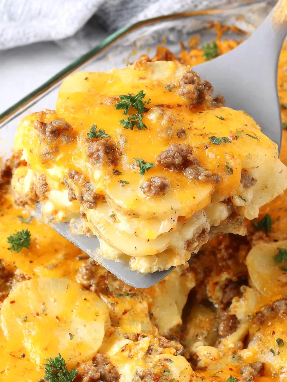 A close up of a casserole with ground beef and potatoes.