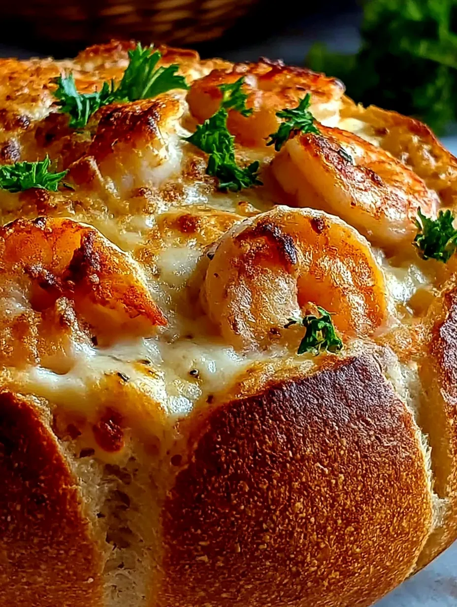 A stuffed seafood bread bowl with shrimp and cheese.