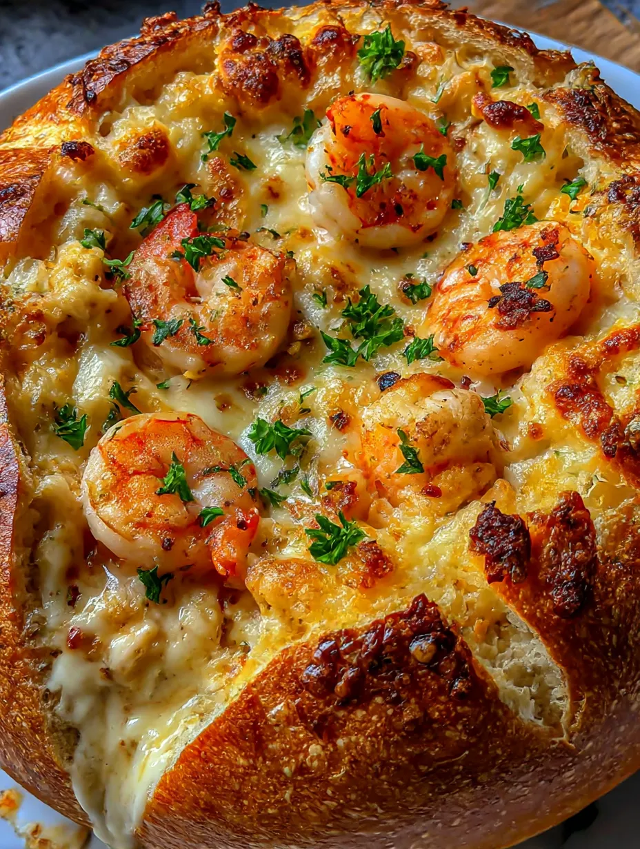 A stuffed seafood bread bowl with shrimp and cheese.