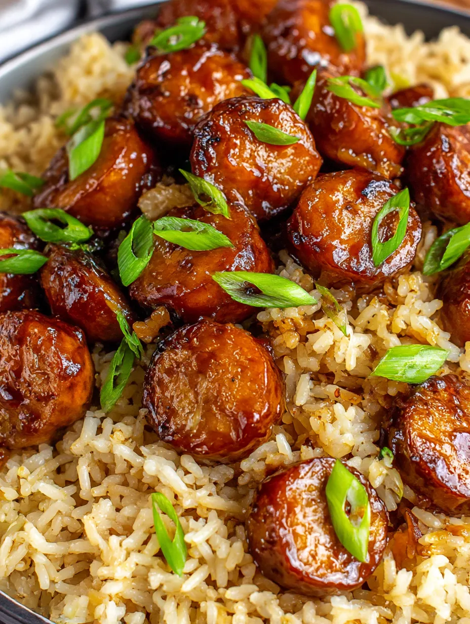 A plate of rice with sausage on top.