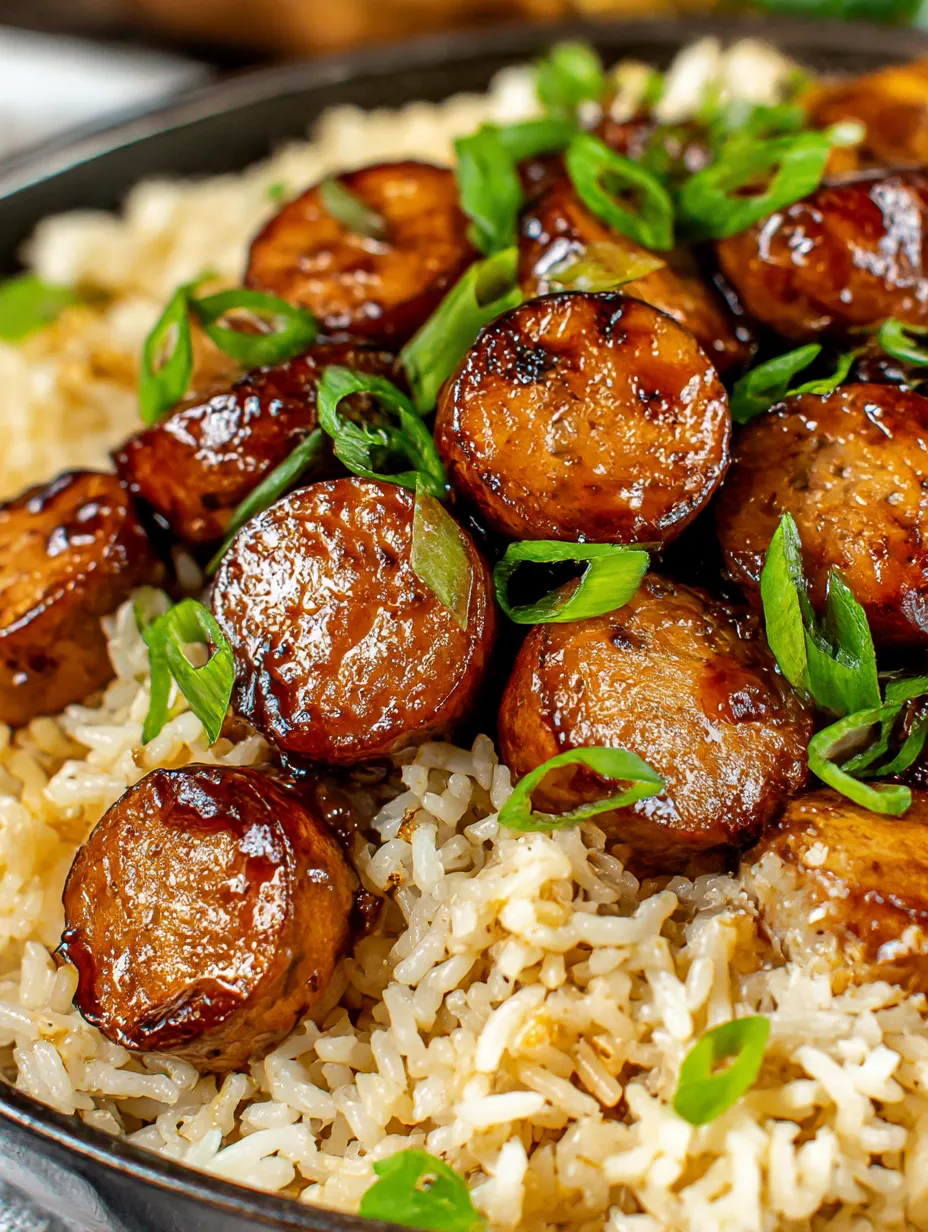 A plate of rice with sausage on top.