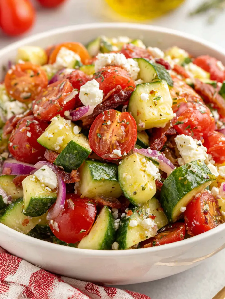 A bowl of vegetables with tomatoes, cucumbers, onions, and feta cheese.