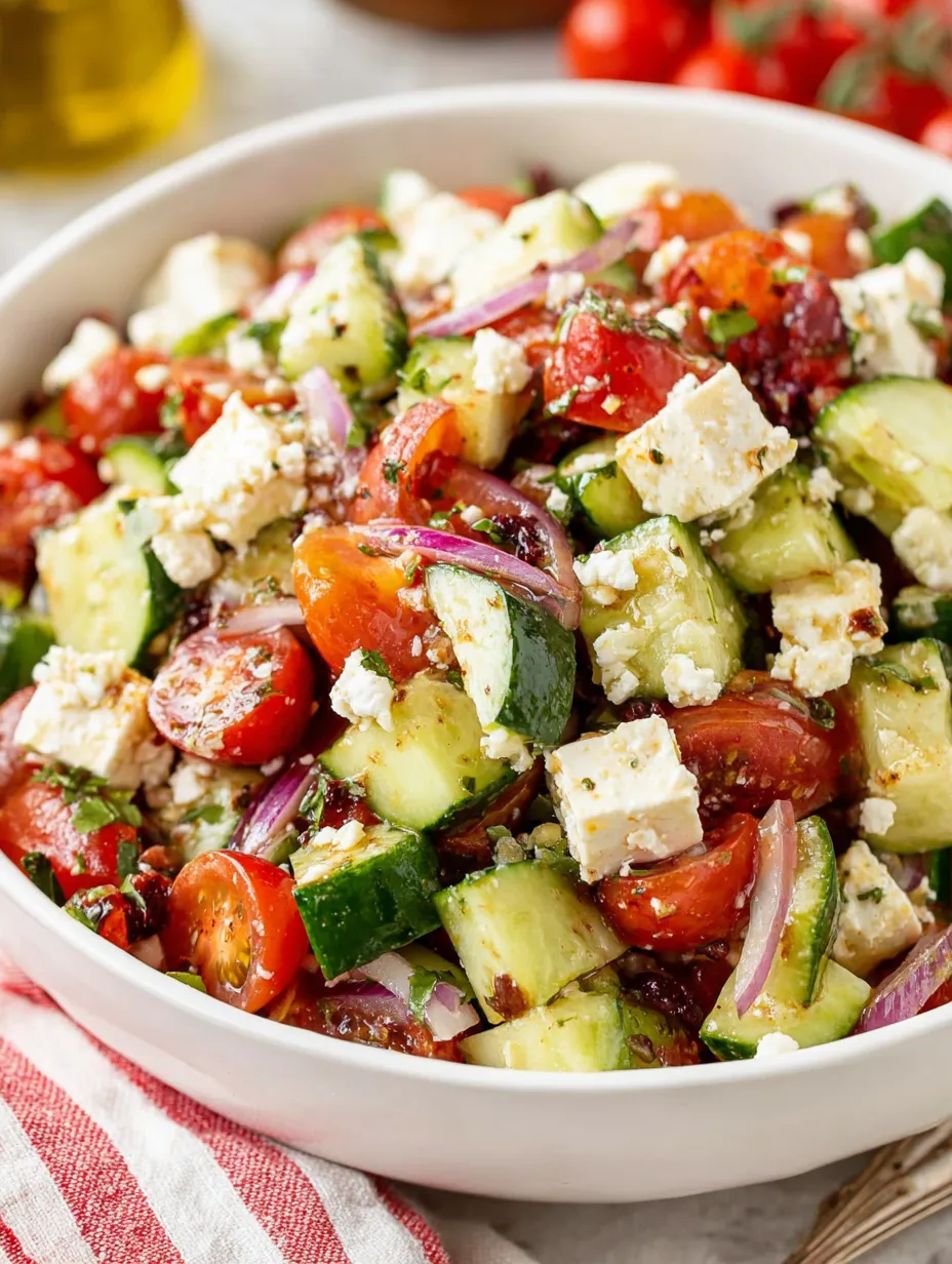 A white bowl filled with a salad of tomatoes, cucumbers, onions, and feta cheese.
