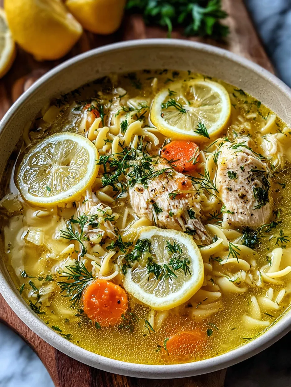 A bowl of soup with lemon slices and noodles.
