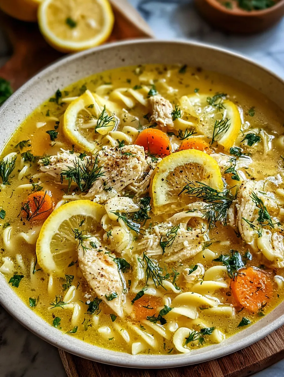 A bowl of soup with chicken, carrots, and lemon.