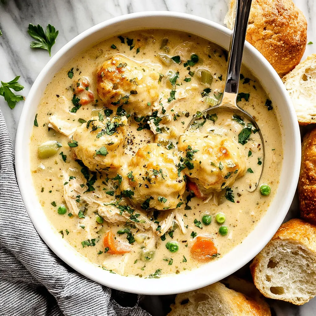 A bowl of soup with bread and meatballs.