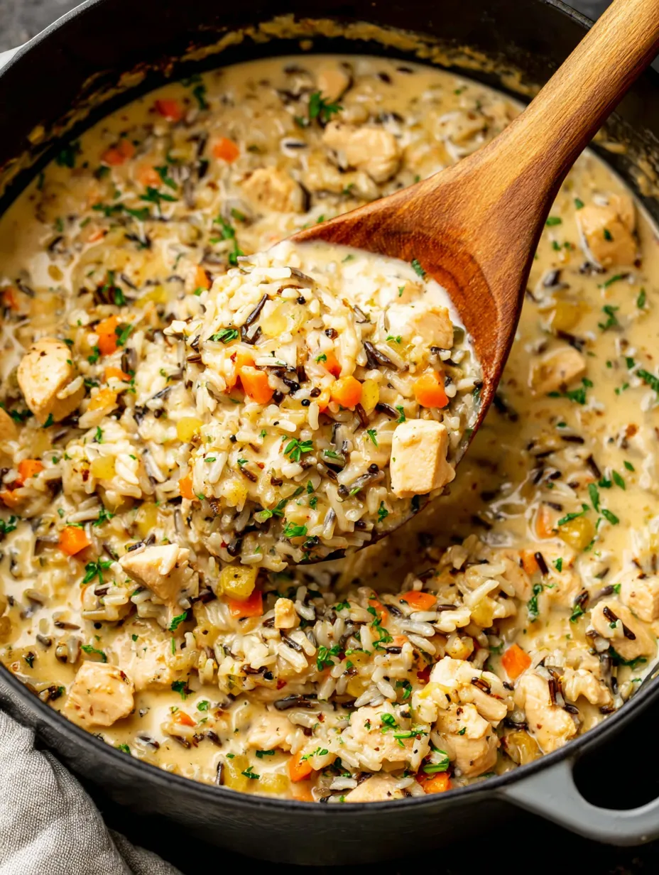 A wooden spoon is in a bowl of rice and chicken.