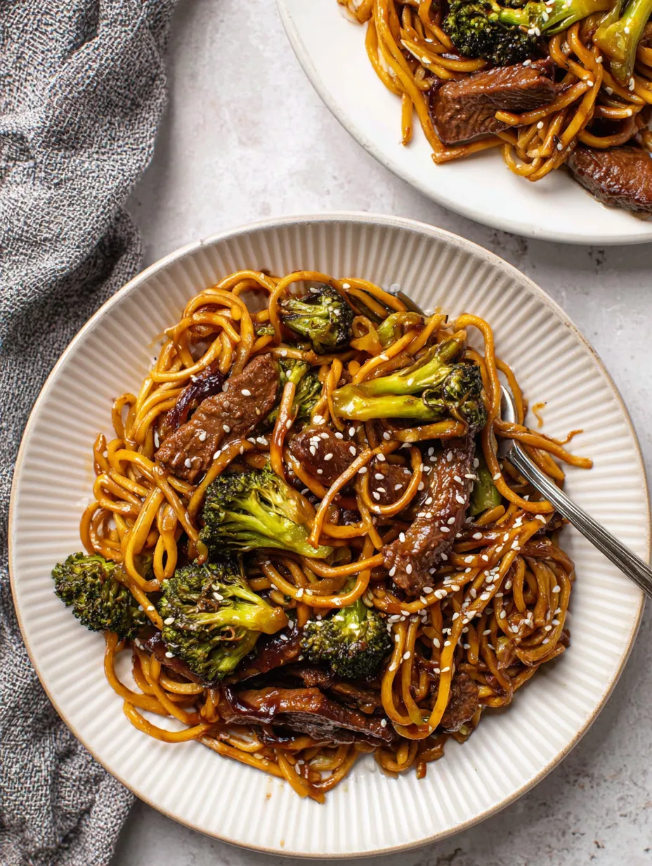 A plate of noodles with meat and broccoli.