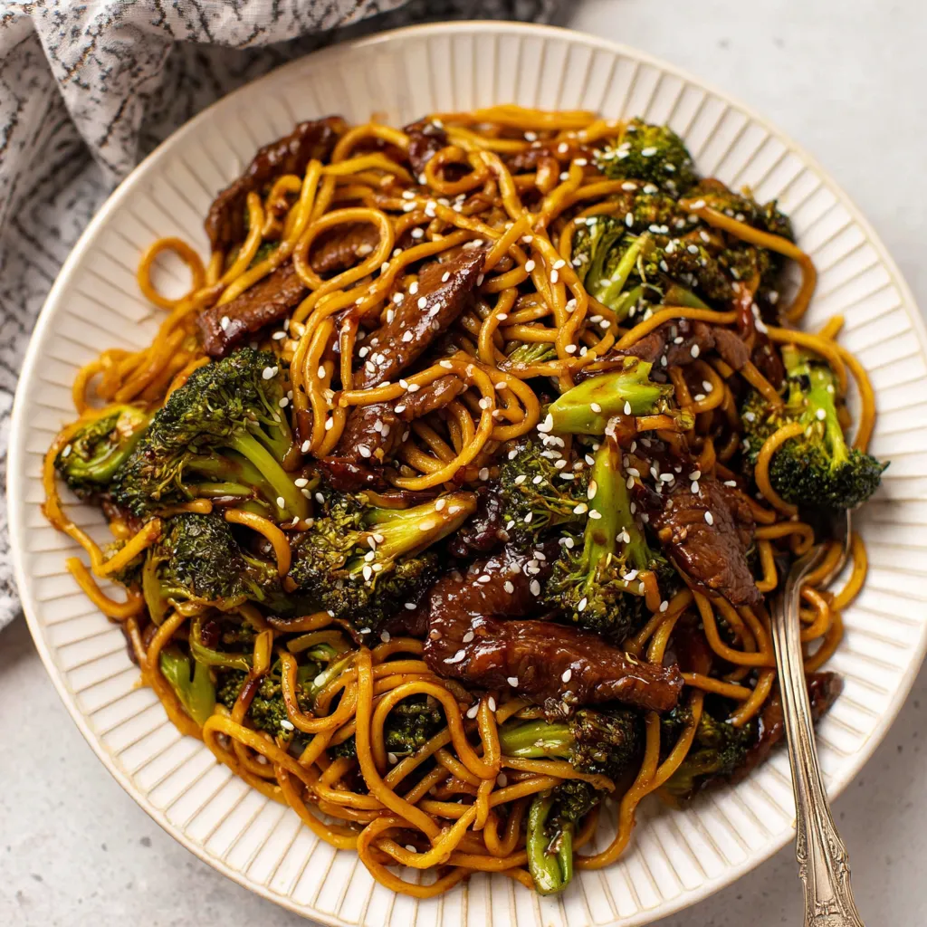 A plate of noodles with meat and broccoli.