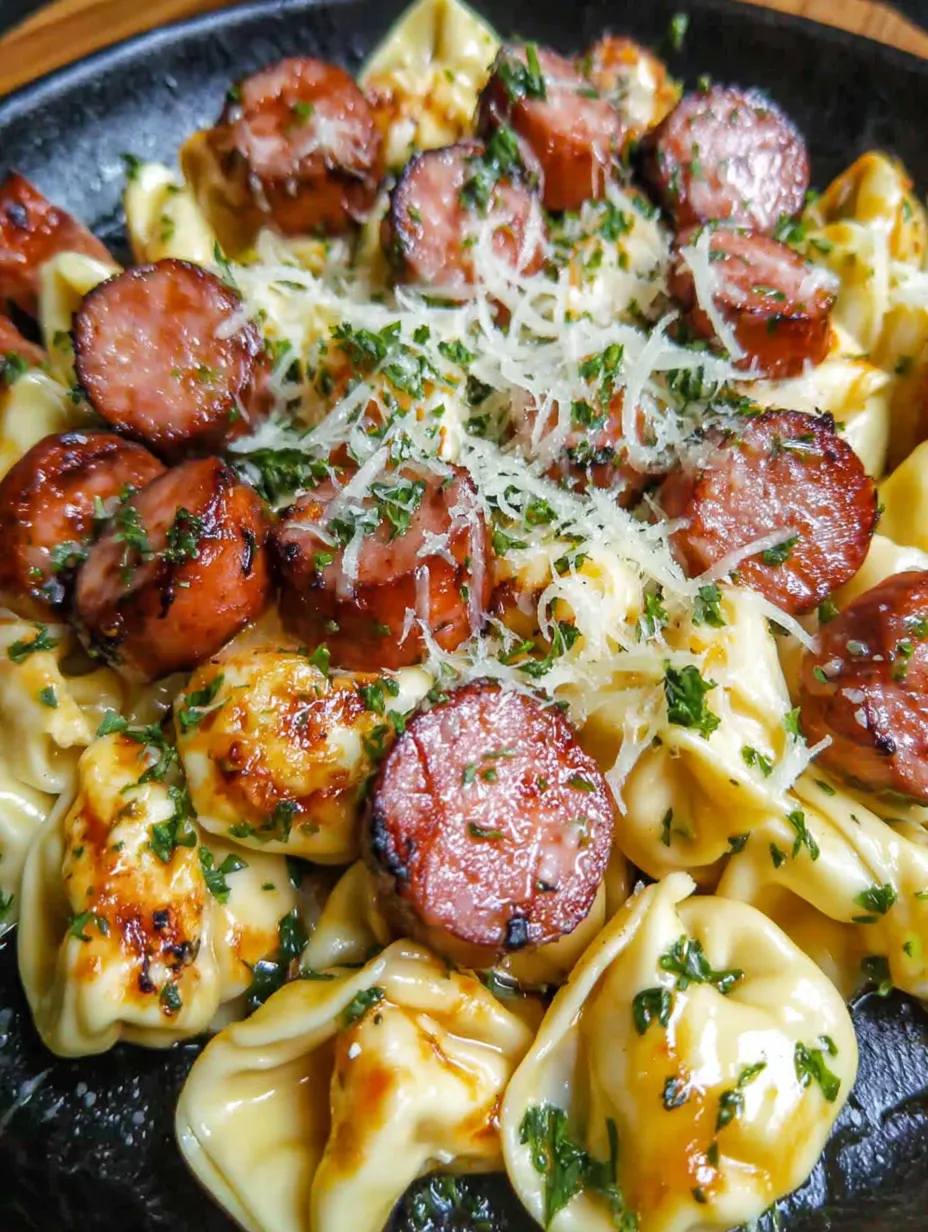 A plate of pasta with sausage and cheese.
