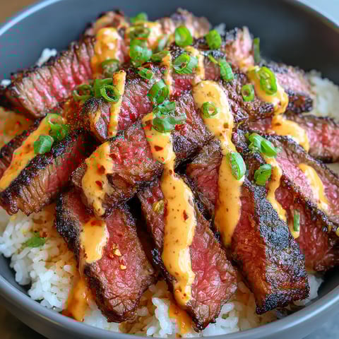 A bowl of meat and rice with a spicy cream sauce.