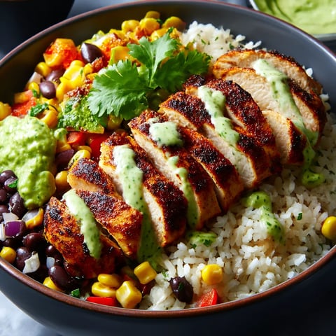 A bowl of food with rice, chicken, and vegetables.
