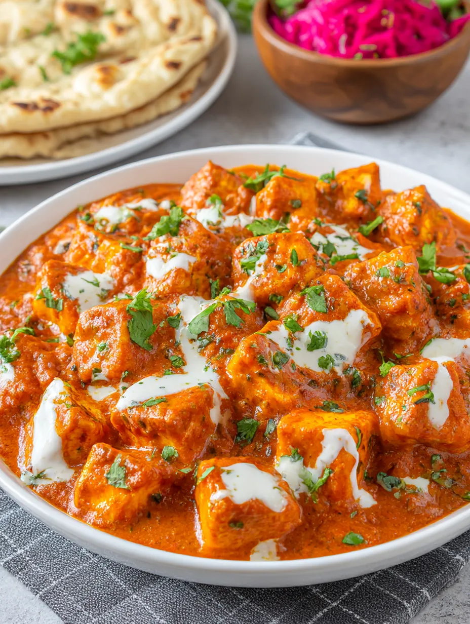 A bowl of tofu makhani with white sauce.