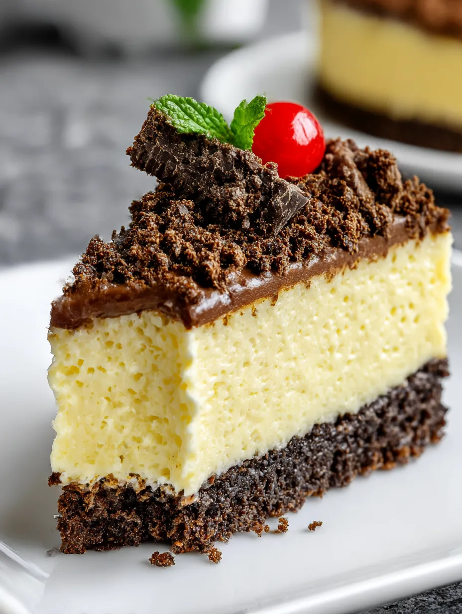 A slice of cheesecake with chocolate topping.