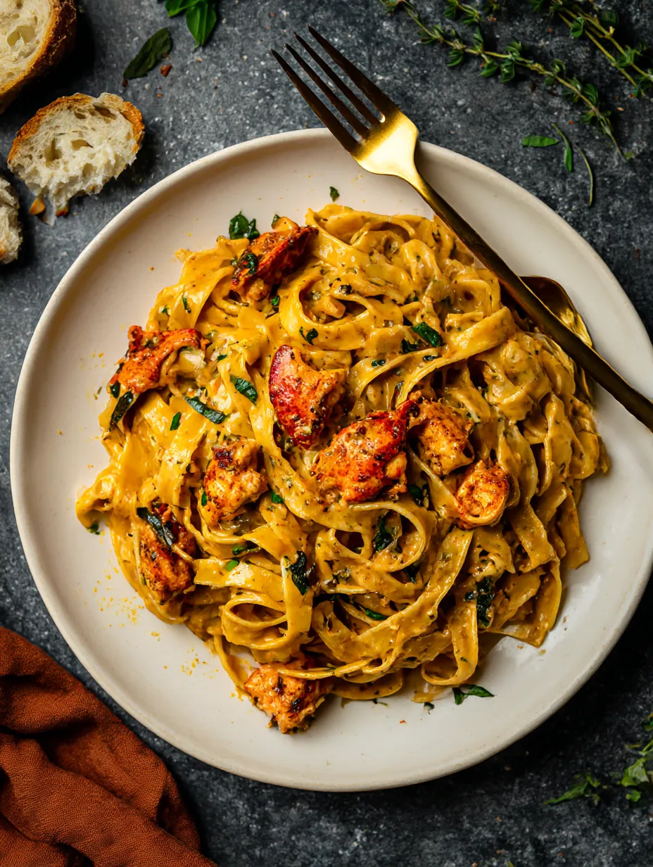 A plate of creamy Tuscan lobster pasta.