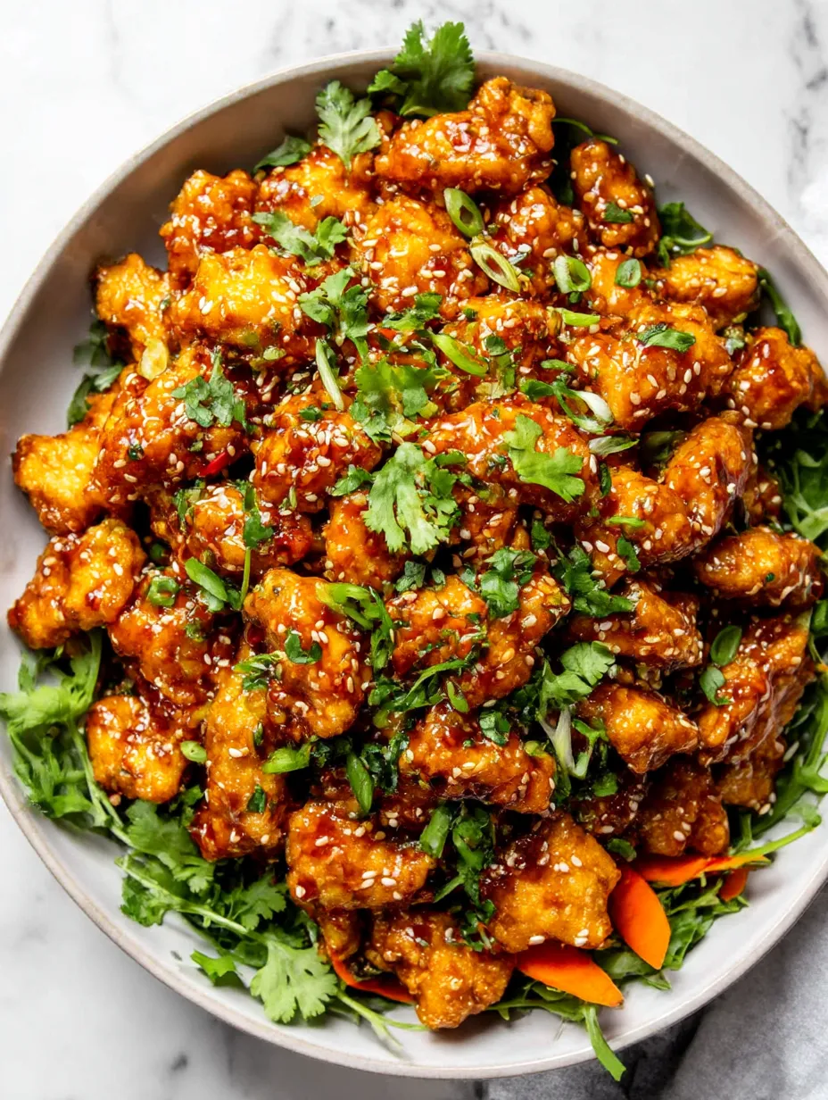 A plate of chicken bites with a sauce on top.