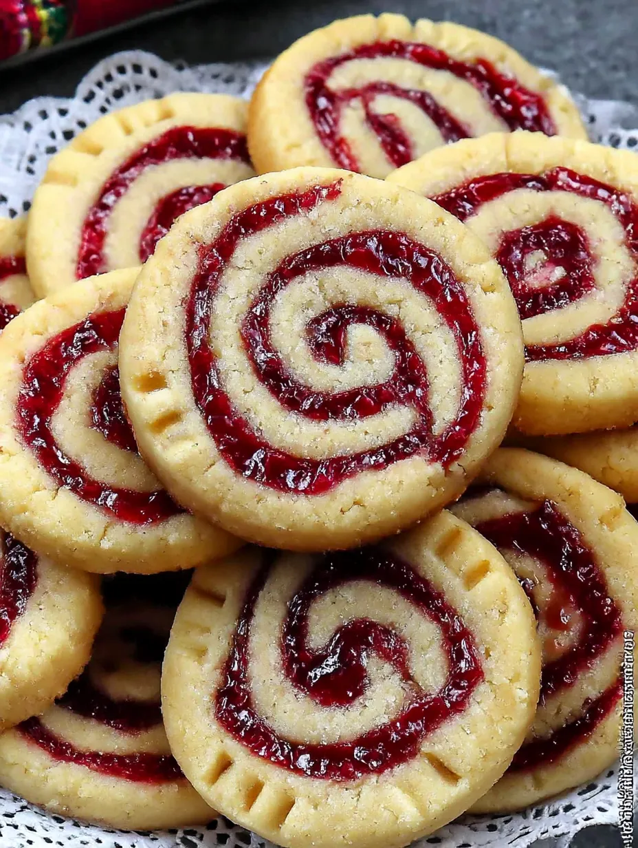 A plate of raspberry swirl shortbread cookies.