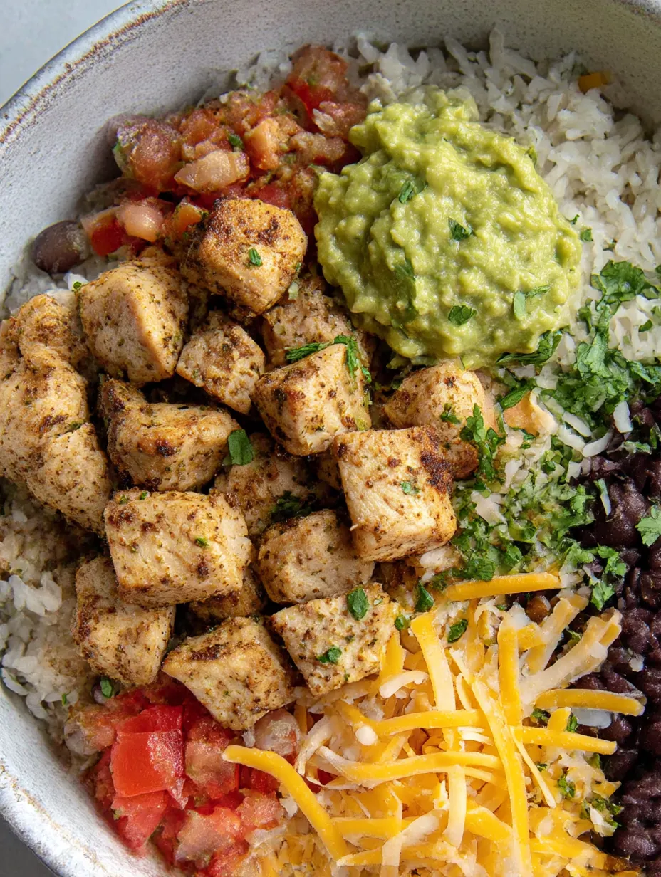 A bowl of food with rice, beans, and grilled chicken.