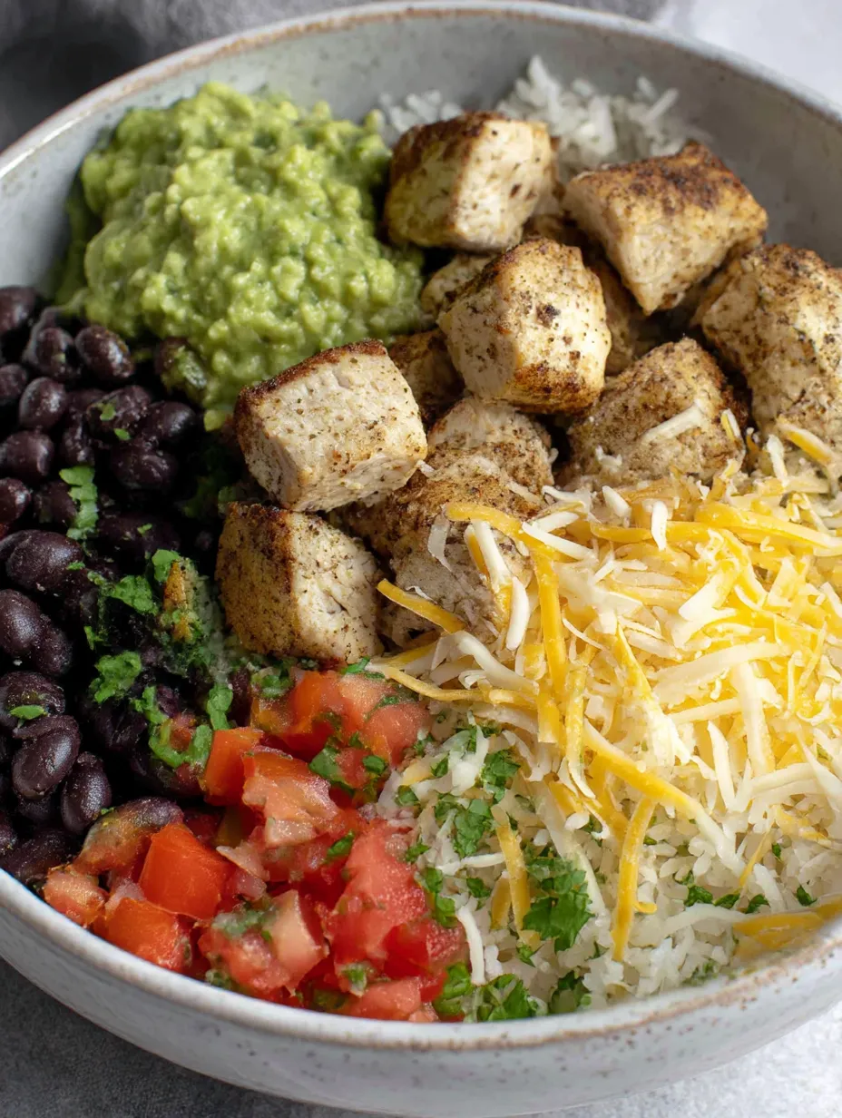A bowl of food with rice, beans, and grilled chicken.
