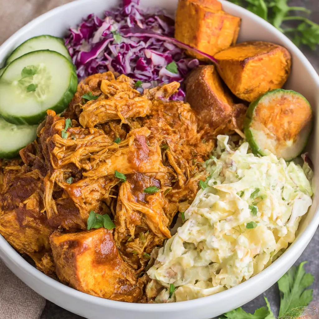 A bowl of BBQ chicken with sweet potatoes and coleslaw.