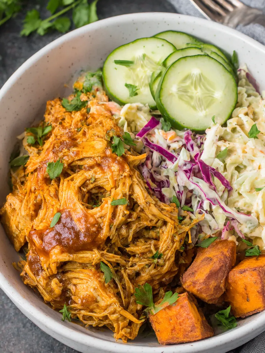 A bowl of BBQ chicken with sweet potatoes and coleslaw.