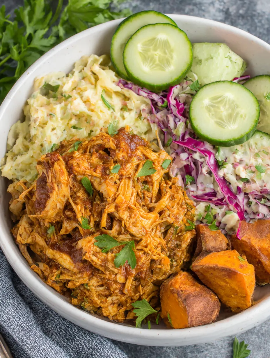 A bowl of BBQ chicken with sweet potatoes and coleslaw.