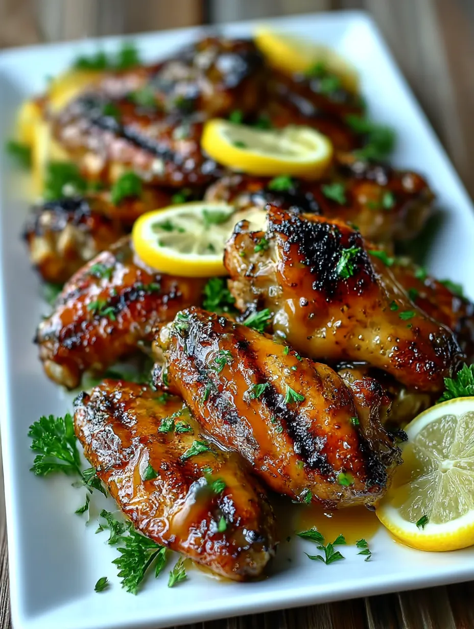 Grilled chicken wings with lemon and herbs.