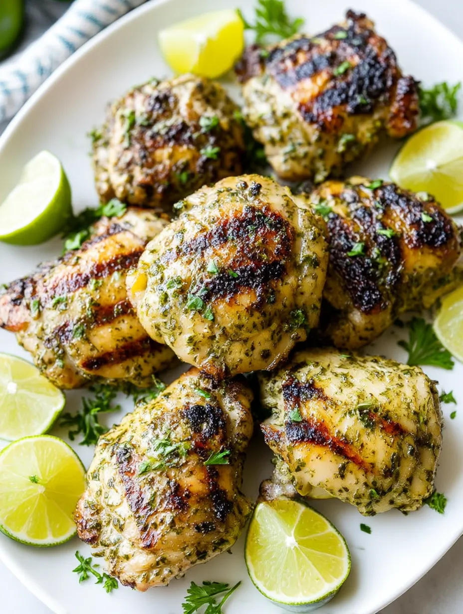 A plate of chicken thighs with cilantro and lime.