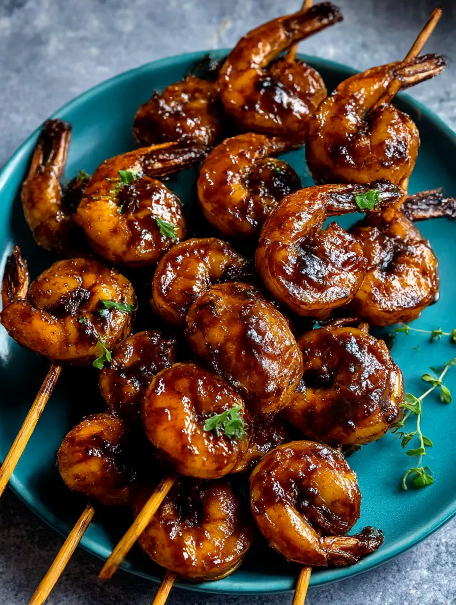 A plate of shrimp skewers with honey garlic sauce.