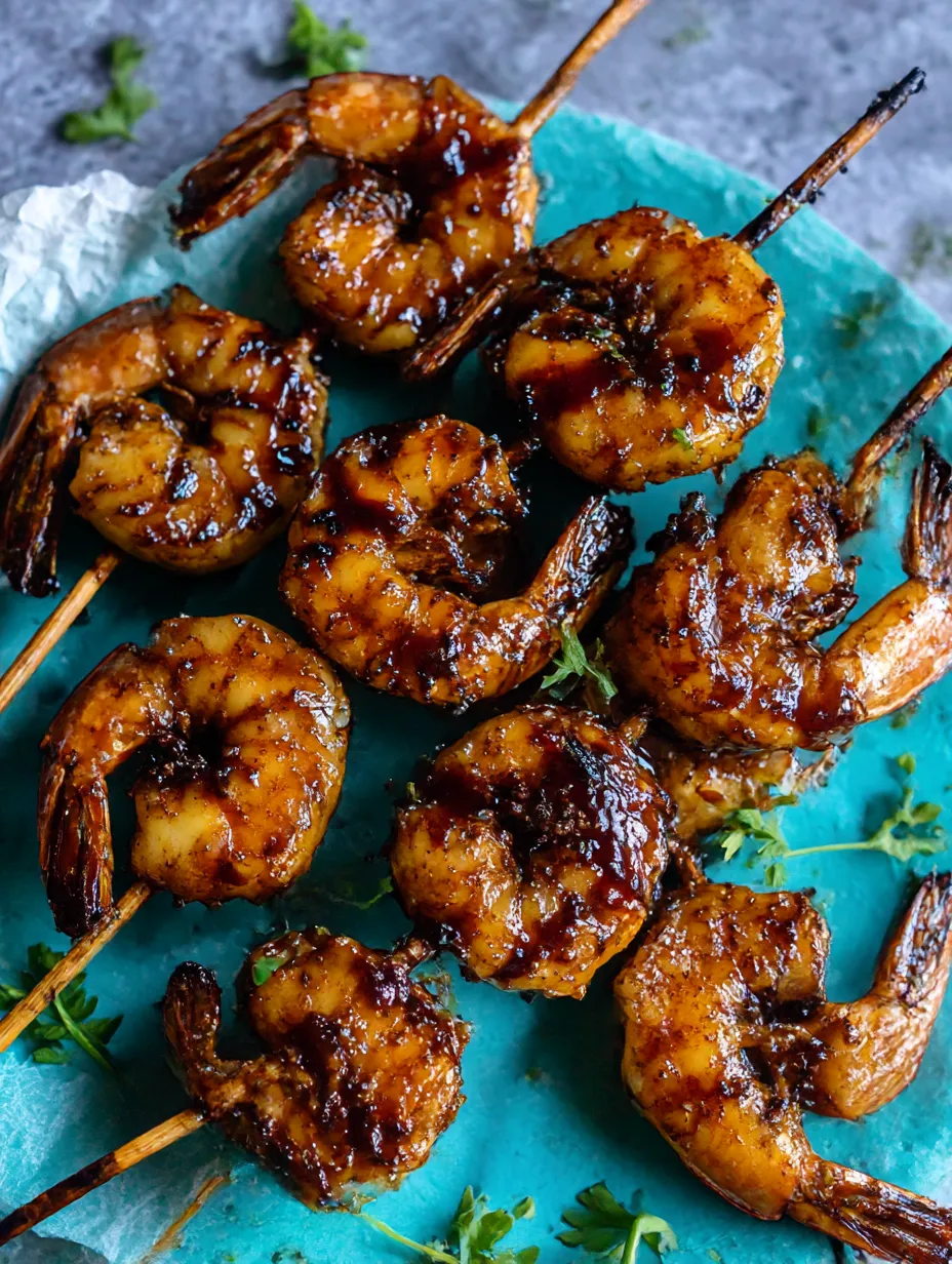 Shrimp skewers with honey and garlic.