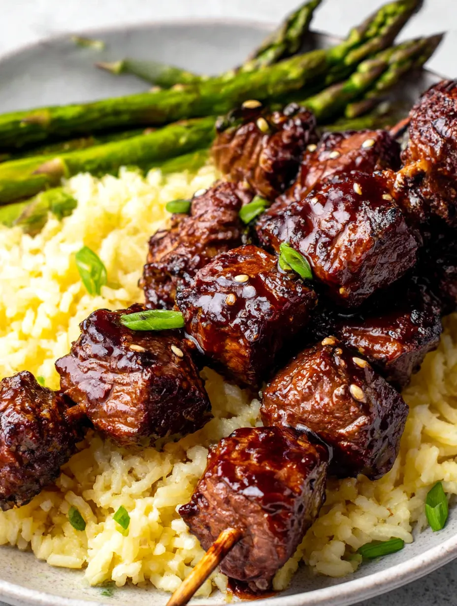 Grilled teriyaki steak kabobs with rice and asparagus.