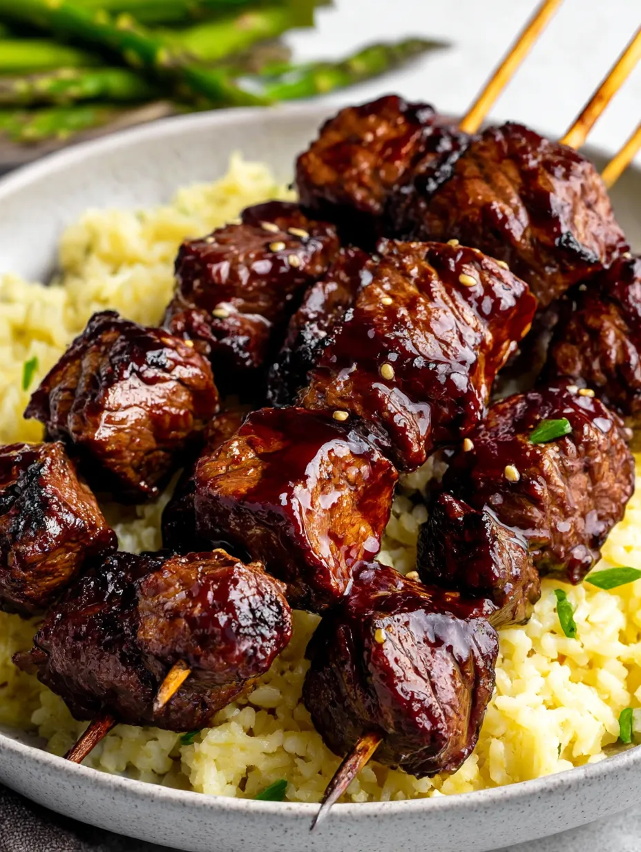 A plate of grilled teriyaki steak kabobs.