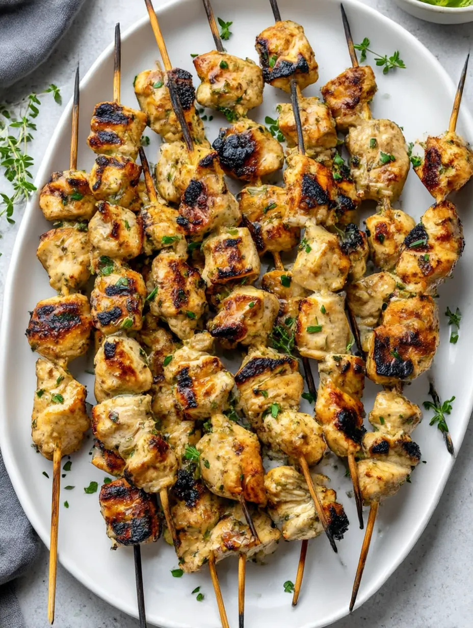 A plate of chicken skewers with garlic and Parmesan.