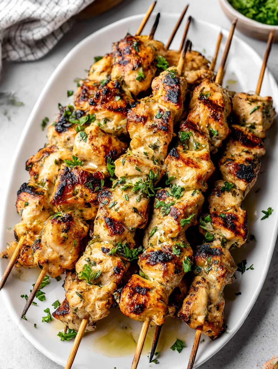 A plate of grilled chicken skewers with garlic and Parmesan.