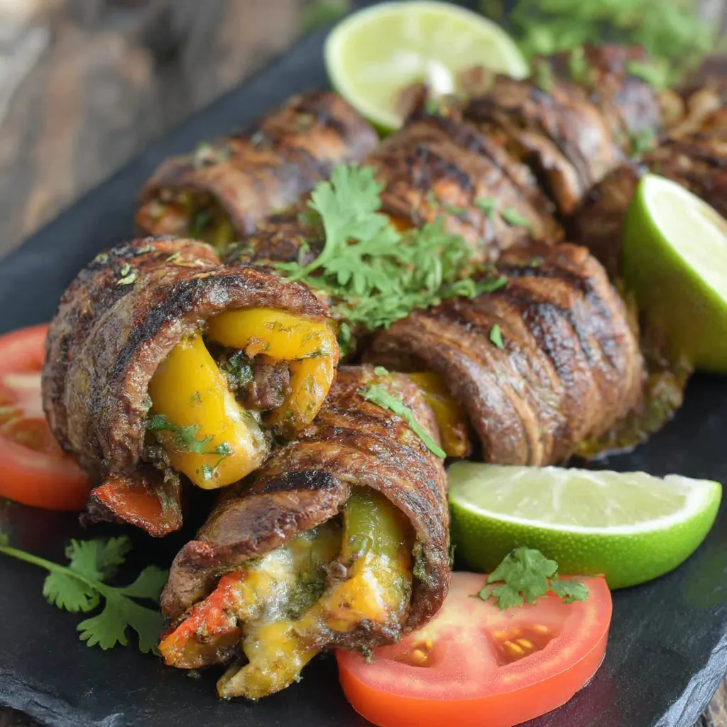 Steak fajita roll ups on a black plate.