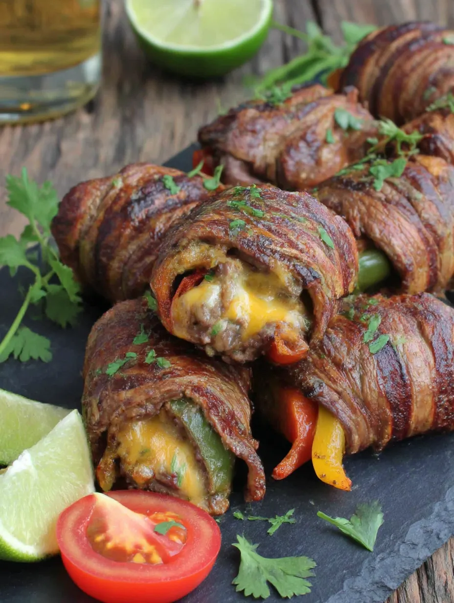 Steak fajita roll ups on a table.