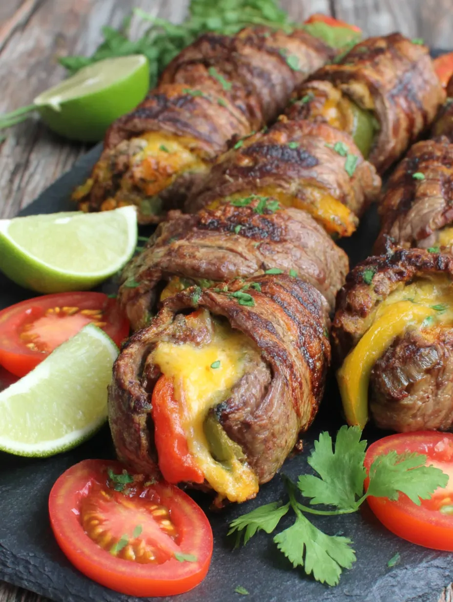 Steak fajita roll ups with tomatoes and limes.