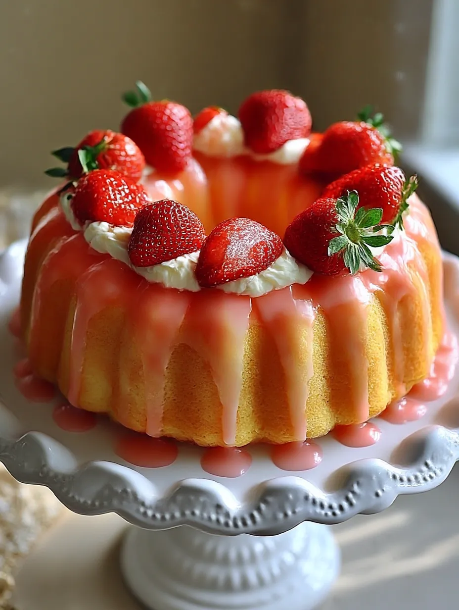 A slice of strawberry pound cake with white frosting and strawberries on top.