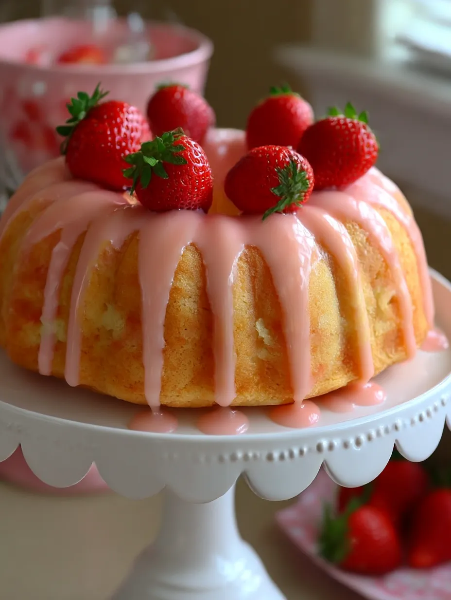A slice of strawberry pound cake with strawberries on top.