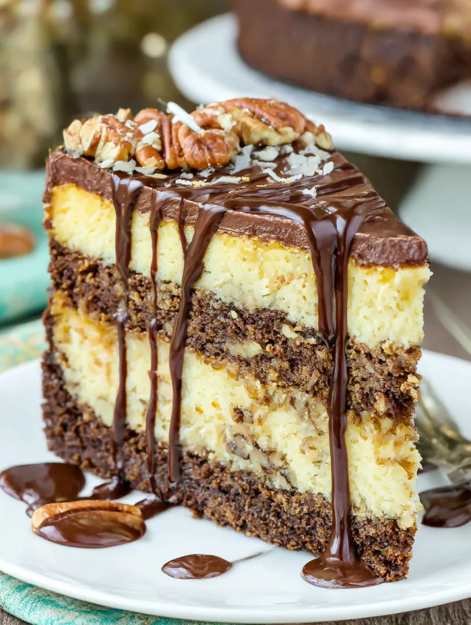 A slice of outrageous chocolate coconut cheesecake.