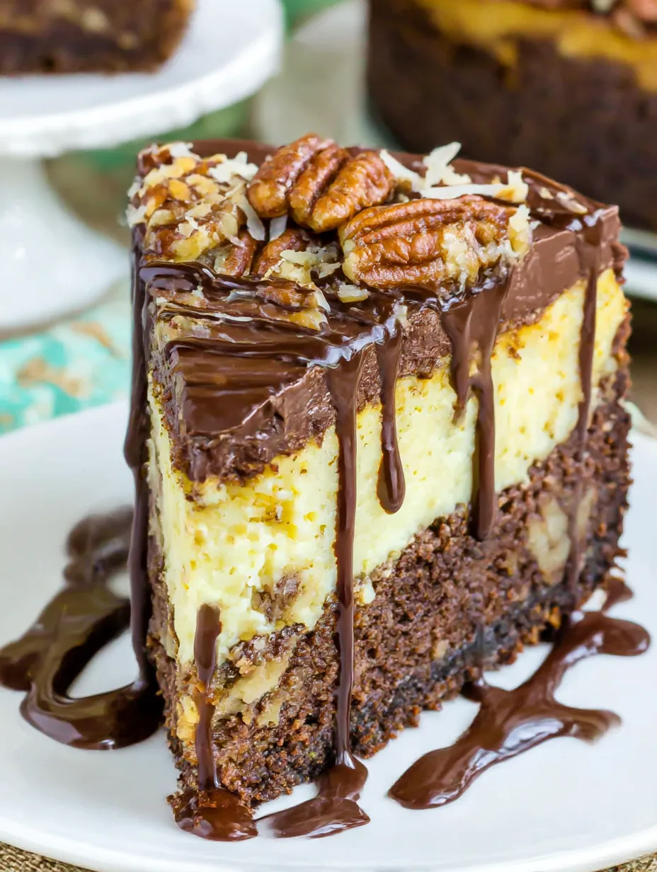 A slice of outrageous chocolate coconut cheesecake.