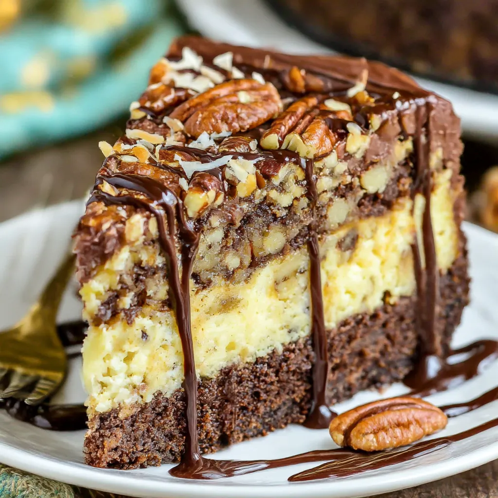 A slice of outrageous chocolate coconut cheesecake.