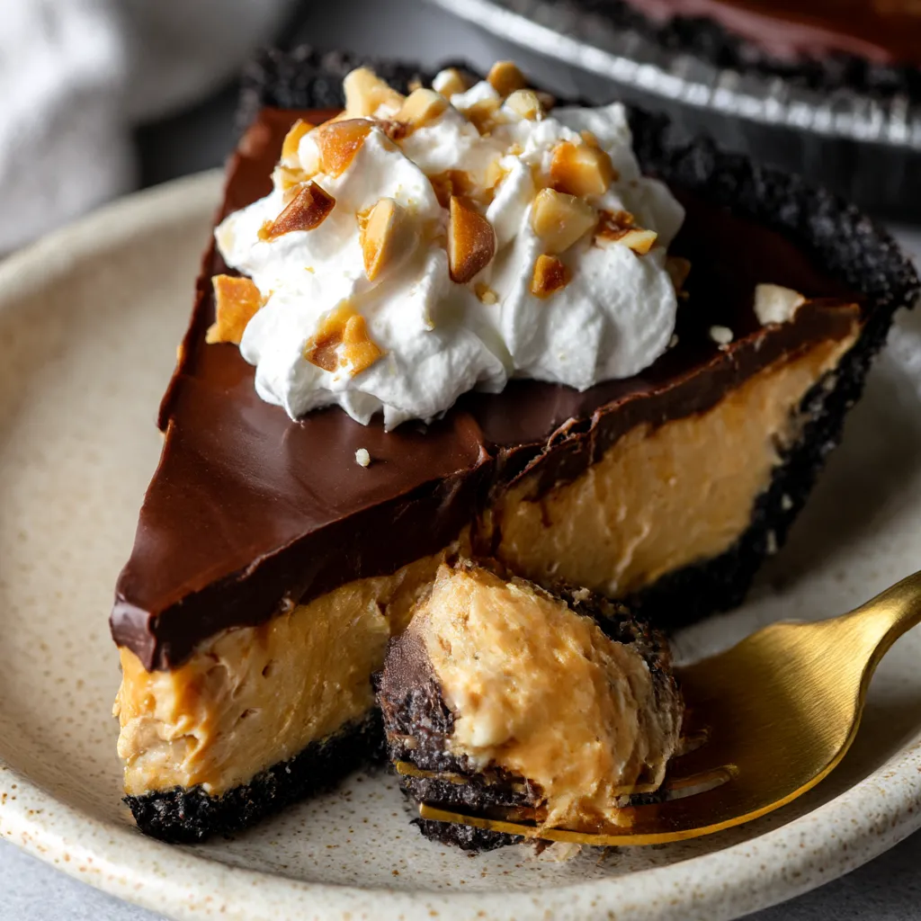 A slice of pie with peanut butter and white whip cream.