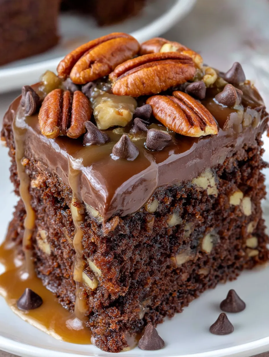 A slice of chocolate turtle poke cake.